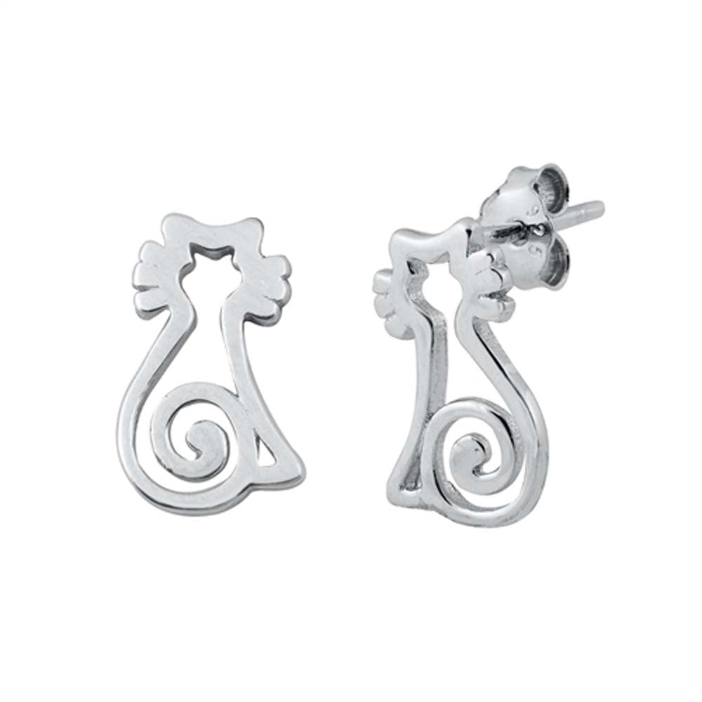 Sterling Silver Rhodium Plated Cat Small Stud Earrings