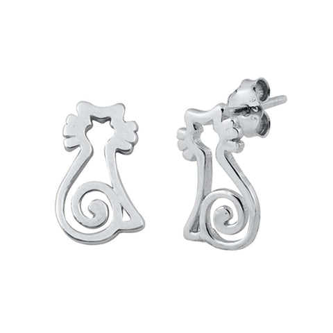 Sterling Silver Rhodium Plated Cat Small Stud Earrings