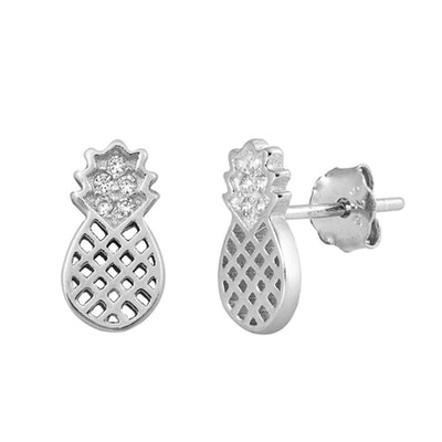 Sterling Silver Rhodium Plated CZ Pineapple Small Stud Earrings