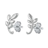 Sterling Silver Rhodium Plated CZ Branch Leaves Small Stud Earrings