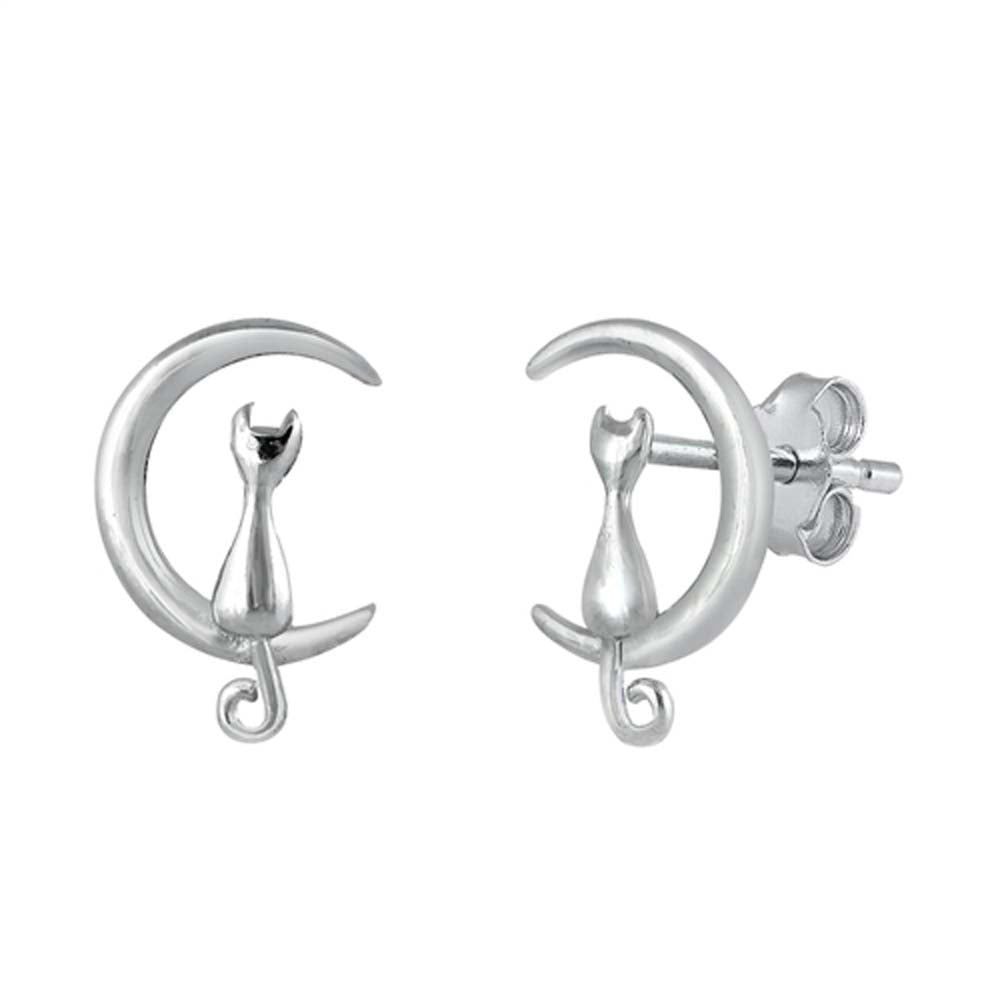 Sterling Silver Rhodium Plated Cat on Moon Small Stud Earrings