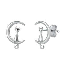 Load image into Gallery viewer, Sterling Silver Rhodium Plated Cat on Moon Small Stud Earrings