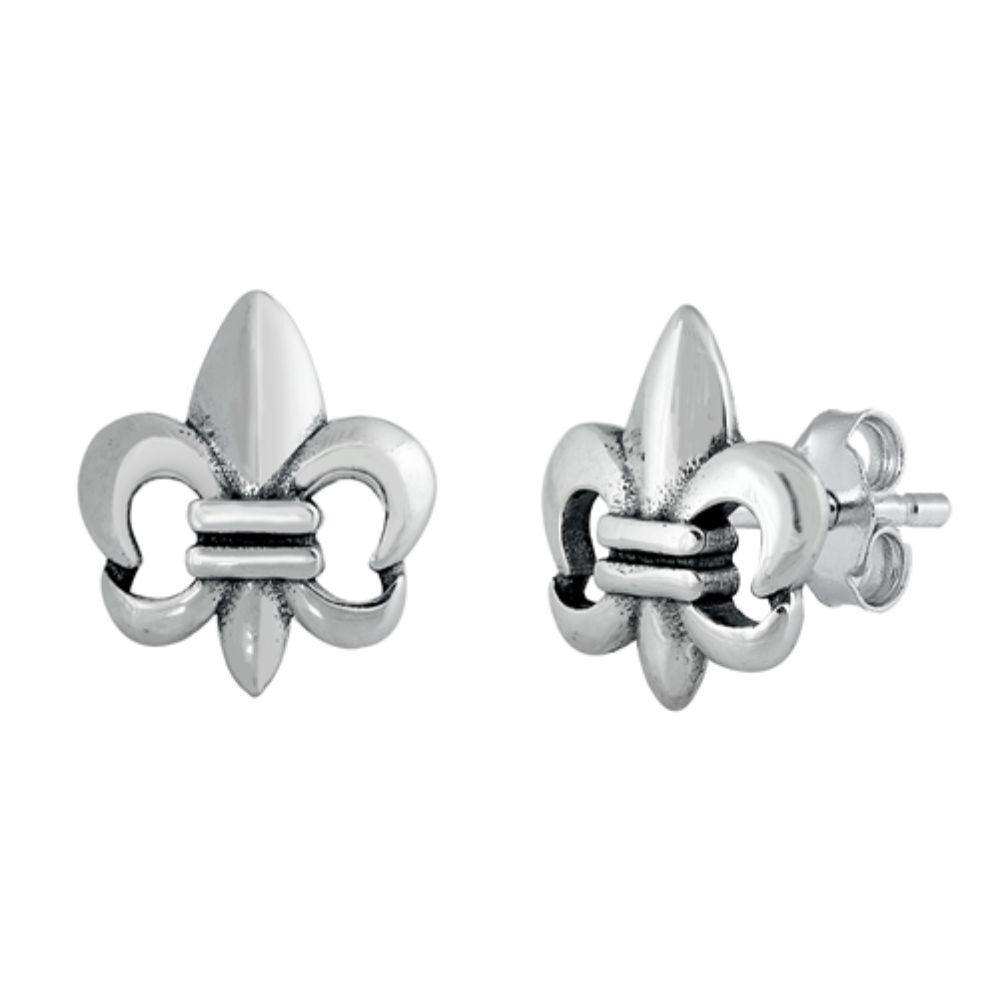 Sterling Silver Oxidized Fleur De Lis Stud Earrings - silverdepot