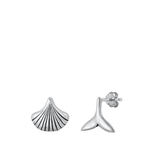 Sterling Silver Oxidized Seashell and Whale Tail Stud Earrings