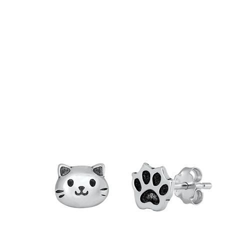 Sterling Silver Oxidized Cat and Paw Print Stud Earrings