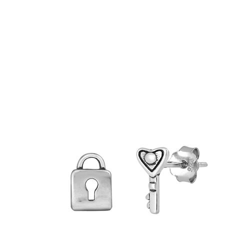 Sterling Silver Oxidized Lock and Key Stud Earrings