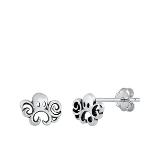 Sterling Silver Oxidized Octopus Stud Earrings-5.8mm