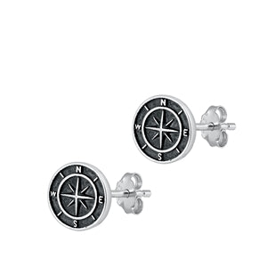 Sterling Silver Oxidized Compass Stud Earrings-7.7mm