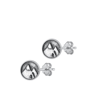 Sterling Silver Oxidized Mountains Stud Earrings-6.8mm