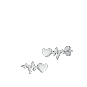 Sterling Silver Rhodium Plated Heart EKG Stud Earrings