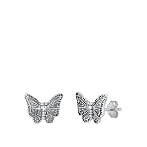 Sterling Silver Oxidized Butterfly Stud Earrings-9.6mm