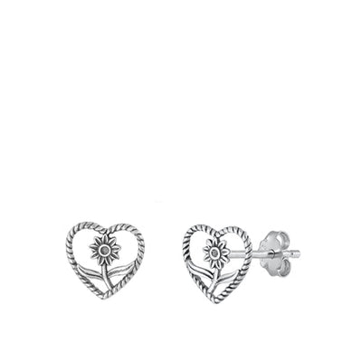 Sterling Silver Oxidized Heart And Flower Stud Earrings