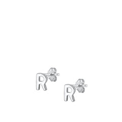 Sterling Silver Oxidized Rhodium Plated Letter R Stud Earrings