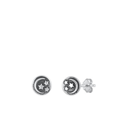Sterling Silver Oxidized Moon And Stars Stud Earrings