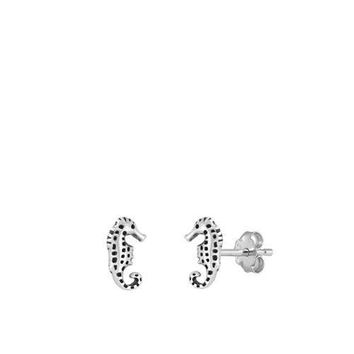 Sterling Silver Oxidized Seahorse Stud Earrings