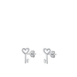 Sterling Silver Rhodium Plated Heart Key Earrings