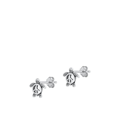 Sterling Silver Oxidized Turtle And Peace Sign Stud Earrings