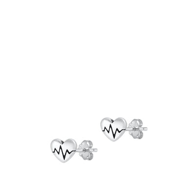 Sterling Silver Oxidized Heart EKG Stud Earrings