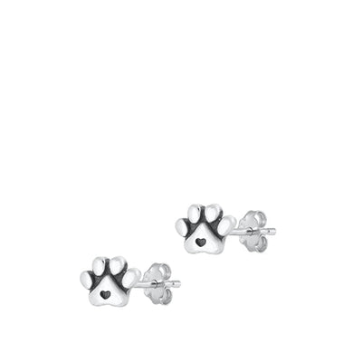 Sterling Silver Oxidized Paw Print And Heart Stud Earrings
