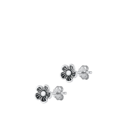 Sterling Silver Oxidized Flower Stud Earrings