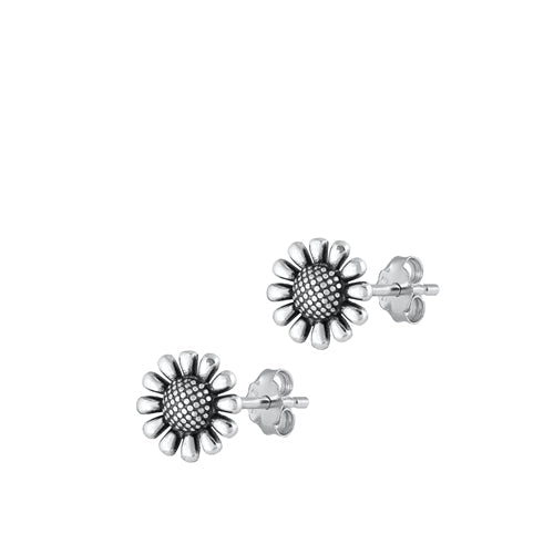 Sterling Silver Flower Oxidized Stud Earrings