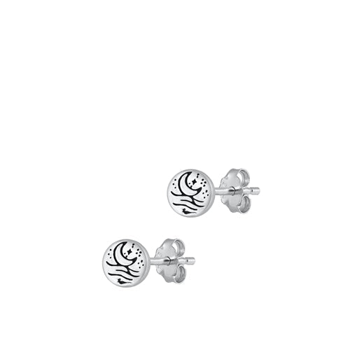 Sterling Silver Oxidized Moon And Ocean Stud Earrings