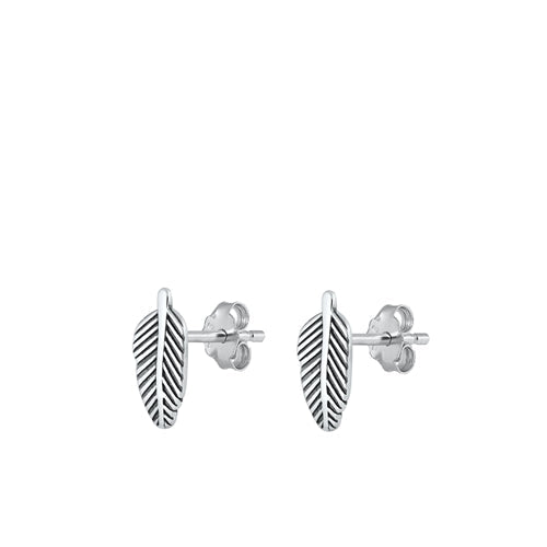 Sterling Silver Oxidized Feather Small Stud Earrings Face Height-11.7mm