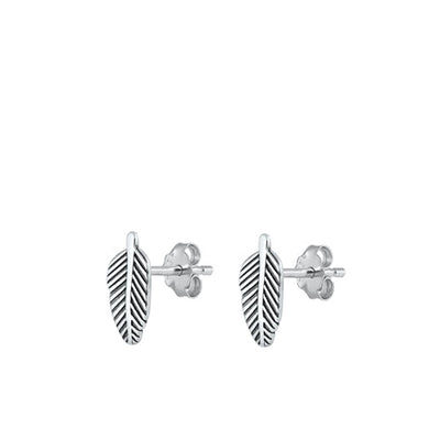 Sterling Silver Oxidized Feather Small Stud Earrings Face Height-11.7mm