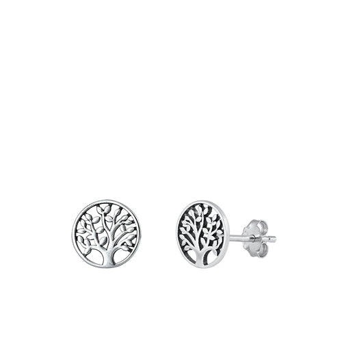 Sterling Silver Oxidized Tree Of Life Small Stud Earrings Face Height-9.8mm