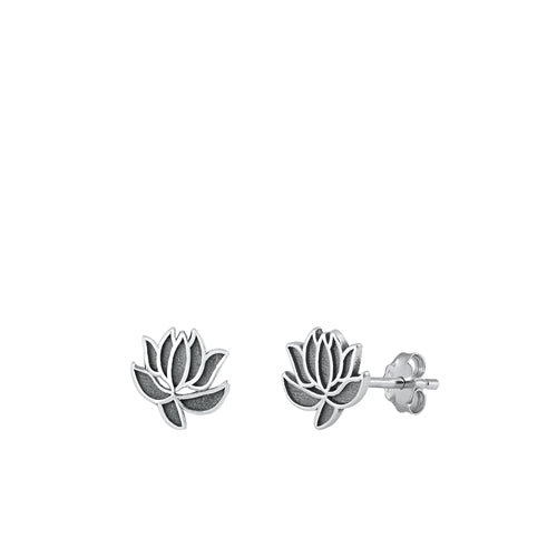 Sterling Silver Oxidized Lotus Small Stud Earrings Face Height-7.7mm