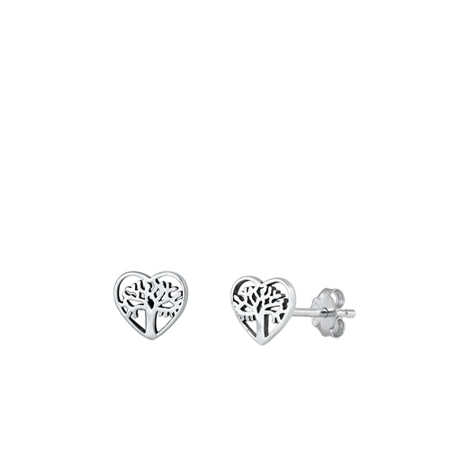 Sterling Silver Oxidized Tree Of Life And Heart Small Stud Earrings Face Height-7mm