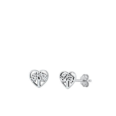 Sterling Silver Oxidized Tree Of Life And Heart Small Stud Earrings Face Height-7mm