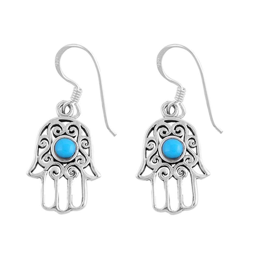 Sterling Silver Hamsa Shaped Plain Earrings With Turquiose StoneAnd Earring Height 15 mm
