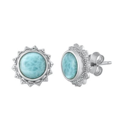 Sterling Silver Round Genuine Larimar Stone Earrings