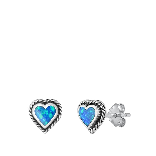 Sterling Silver Oxidized Heart Blue Lab Opal Earrings