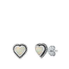Sterling Silver Oxidized Heart White Lab Opal Earrings