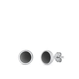 Sterling Silver Polished Black Agate Circle Stud Earrings