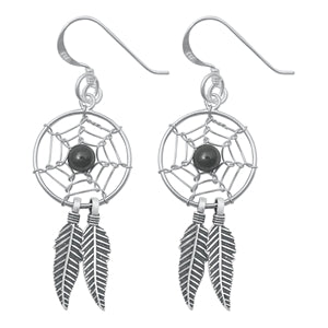 Sterling Silver Oxidized Onyx Dreamcatcher Stone Earrings-16mm