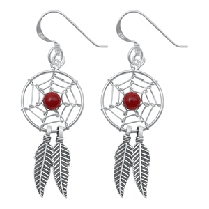 Sterling Silver Oxidized Red Agate Dreamcatcher Stone Earrings-16mm