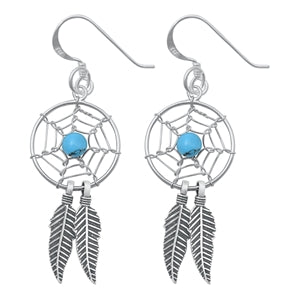 Sterling Silver Oxidized Turquoise Dreamcatcher Stone Earrings-16mm