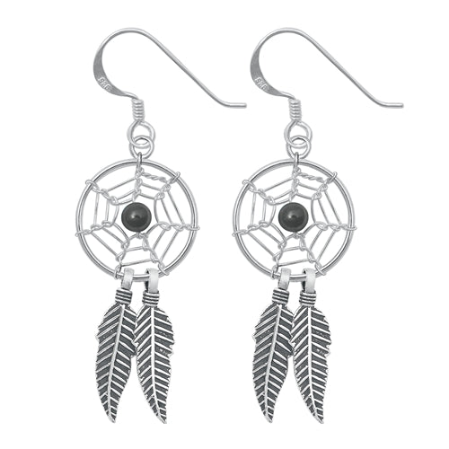 Sterling Silver Oxidized Onyx Feathers Stone Earrings-14mm