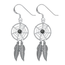 Load image into Gallery viewer, Sterling Silver Oxidized Onyx Feathers Stone Earrings-14mm