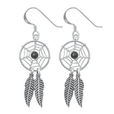 Sterling Silver Oxidized Onyx Feathers Stone Earrings-14mm