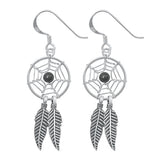 Sterling Silver Oxidized Onyx Feathers Stone Earrings-14mm