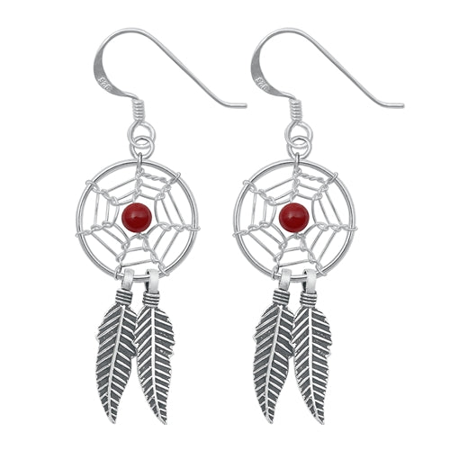 Sterling Silver Oxidized Red Agate Feathers Stone Earrings-14mm