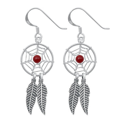Sterling Silver Oxidized Red Agate Feathers Stone Earrings-14mm
