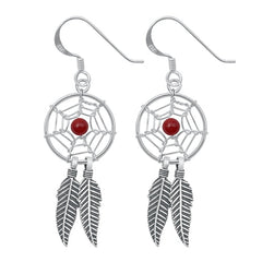 Sterling Silver Oxidized Red Agate Feathers Stone Earrings-14mm