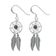 Load image into Gallery viewer, Sterling Silver Oxidized Onyx Dreamcatcher Feathers Stone Earrings-12mm