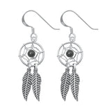 Sterling Silver Oxidized Onyx Dreamcatcher Feathers Stone Earrings-12mm