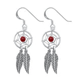 Sterling Silver Oxidized Red Agate Dreamcatcher Feathers Stone Earrings-12mm
